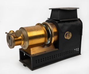 UNKNOWN: Brass and tin helioscopic Magic Lantern, likely Walter Tyler, c. 1890s, with lens in excellent condition.
