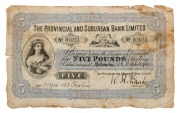 PRIVATE ISSUE BANKNOTE:&nbsp;THE PROVINCIAL AND SUBURBAN BANK LIMITED, Five&nbsp;Pounds, Melbourne 18; headed VICTORIA (MVR2b), No 01033&nbsp;signed by W.H. Drake (Manager) and A.H. Gosett (Acc't) and dated 18 Sept. 1894; condition is only fair.&nbsp;An unissued remainder no