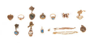 VARIOUS: Group of gold and gold plated jewellery including four necklaces, two rings, seven pendants, bow brooch and heart charm.