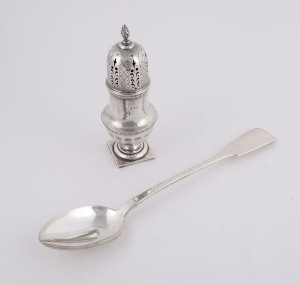 An English sterling silver sugar caster made in Birmingham, circa 1902; together with a silver plated basting spoon, (2 items), the castor 18cm high, 160 grams