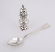 An English sterling silver sugar caster made in Birmingham, circa 1902; together with a silver plated basting spoon, (2 items), the castor 18cm high, 160 grams