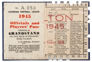 CARLTON: Member's Season Ticket for 1945, with fixture list & hole punched for each game attended. Additionally, with rare "Officials and Players' Pass A 088" affixed to the left hand side. The first example we have offered.
