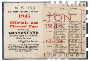 CARLTON: Member's Season Ticket for 1945, with fixture list & hole punched for each game attended. Additionally, with rare "Officials and Players' Pass  A 088" affixed to the left hand side. The first example we have offered.