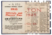CARLTON: Member's Season Ticket for 1945, with fixture list & hole punched for each game attended. Additionally, with rare "Officials and Players' Pass&nbsp; A 088" affixed to the left hand side. The first example we have offered.