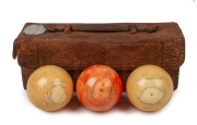 IS THIS WALTER LINDRUM'S EARLIEST AWARD? A leather carrying case containing three ivory presentation billiard balls; the top of th case bearing a silver plaque engraved to read "Presented by ALCOCK & CO. to Walter Lindrum, (age 16 years) to commemorate hi - 2