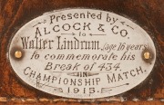 IS THIS WALTER LINDRUM'S EARLIEST AWARD? A leather carrying case containing three ivory presentation billiard balls; the top of th case bearing a silver plaque engraved to read "Presented by ALCOCK & CO. to Walter Lindrum, (age 16 years) to commemorate hi - 3