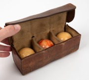 IS THIS WALTER LINDRUM'S EARLIEST AWARD? A leather carrying case containing three ivory presentation billiard balls; the top of th case bearing a silver plaque engraved to read "Presented by ALCOCK & CO. to Walter Lindrum, (age 16 years) to commemorate hi - 5