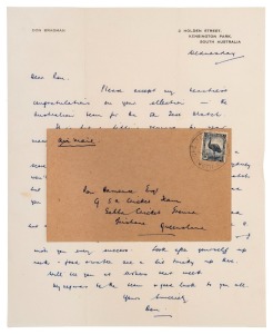 RON HAMENCE'S SELECTION TO THE AUSTRALIAN TEAM - DON BRADMAN'S LETTER: A hand-written letter on Bradman's home letter-head, which reads (in part) "Please accept my heartiest congratulations on your selection in the Australian team for the 5th Test Match. 