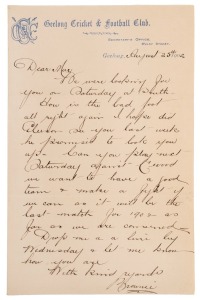 1902 - 1913 A CORRESPONDENCE BETWEEN CHARLES BROWNLOW AND ALEC "DOOKIE" McKENZIE OF GEELONG A remarkable archive of 43 original letters,2 cards and 10 notices sent by Charles Brownlow, in his capacity of Secretary of the Geelong Cricket & Football Club, 