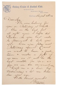 1902 - 1913 A CORRESPONDENCE BETWEEN CHARLES BROWNLOW AND ALEC "DOOKIE" McKENZIE OF GEELONG A remarkable archive of 43 original letters,2 cards and 10 notices sent by Charles Brownlow, in his capacity of Secretary of the Geelong Cricket & Football Club, to Alec "Dookie" McKenzie. Recruited from Warrnambool, 'Dookie' McKenzie.