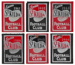 ST. KILDA: 1966 Member's Season Ticket (#5809), with Fixture List, details of the Club Leadership & holes punched for each game attended; issued in the name of M.E.. Moss. Accompanied by Season Tickets for 1961 - 1965 issued to the same supporter. (6 tickets). St Kilda finished in 2nd position on the ladder in 1966 with 14 wins and 4 losses. They lost the Second Semi-Final to Collingwood by 10 points; won the Preliminary Final against Essendon by 42 points, and won the Grand Final by 1 point.
