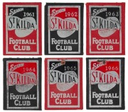 ST. KILDA: 1966 Member's Season Ticket (#5809), with Fixture List, details of the Club Leadership & holes punched for each game attended; issued in the name of M.E.. Moss. Accompanied by Season Tickets for 1961 - 1965 issued to the same supporter. (6 tick