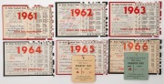 ST. KILDA: 1966 Member's Season Ticket (#5809), with Fixture List, details of the Club Leadership & holes punched for each game attended; issued in the name of M.E.. Moss. Accompanied by Season Tickets for 1961 - 1965 issued to the same supporter. (6 tick - 8