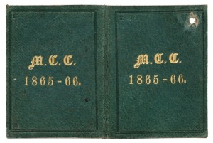 MELBOURNE CRICKET CLUB: 1865-66 Member's Season Ticket, green leather covers with gilt lettering on front and back. The earliest example known to us; membership tickets were first introduced in 1861.