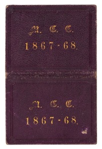 MELBOURNE CRICKET CLUB: 1867-68 Member's Season Ticket, claret leather covers with gilt lettering on front and back. Issued to H.J. King, Esq. and signed by the Honorary Treasurer.