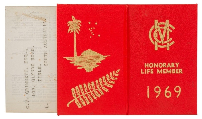 CLARRIE GRIMMETT'S HONORARY LIFE MEMBERSHIP CARD from the MCC (Marylebone Cricket Club), issued in 1969 and numbered 73; lists all the fixtures at Lords, which that year featured the West Indies and New Zealand. Provenance: The Clarrie Grimmett Collection