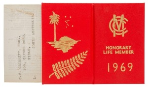 CLARRIE GRIMMETT'S HONORARY LIFE MEMBERSHIP CARD from the MCC (Marylebone Cricket Club), issued in 1969 and numbered 73; lists all the fixtures at Lords, which that year featured the West Indies and New Zealand. Provenance: The Clarrie Grimmett Collection; his family, by descent.