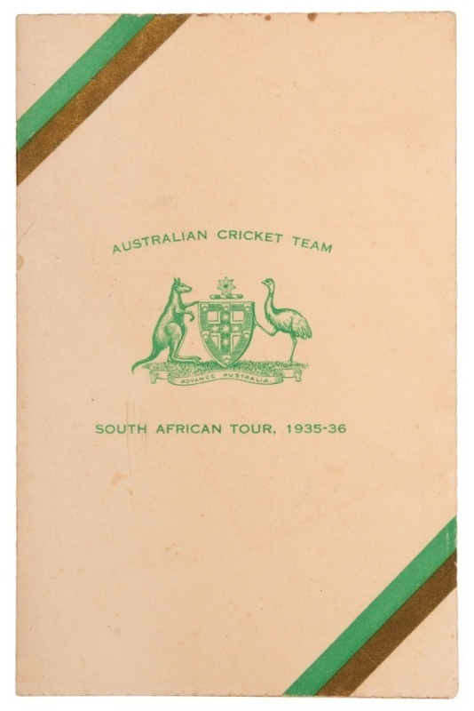 THE AUSTRALIAN CRICKET TEAM, SOUTH AFRICA TOUR, 1935-36 Christmas Card and Fixture List, featuring a photograph of the whole touring party, signed in ink by all fifteen, including Victor Richardson (Captain), Stan McCabe (Vice-Capt.), Grimmett, Oldfield,