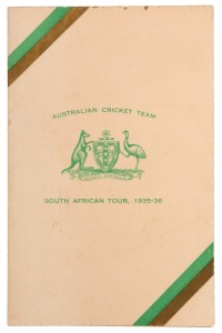 THE AUSTRALIAN CRICKET TEAM, SOUTH AFRICA TOUR, 1935-36 Christmas Card and Fixture List, featuring a photograph of the whole touring party, signed in ink by all fifteen, including Victor Richardson (Captain), Stan McCabe (Vice-Capt.), Grimmett, Oldfield, O'Reilly, Brown, Darling and Chipperfield. Provenance: The Clarrie Grimmett Collection; his family, by descent.