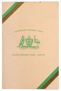 THE AUSTRALIAN CRICKET TEAM, SOUTH AFRICA TOUR, 1935-36 Christmas Card and Fixture List, featuring a photograph of the whole touring party, signed in ink by all fifteen, including Victor Richardson (Captain), Stan McCabe (Vice-Capt.), Grimmett, Oldfield, 