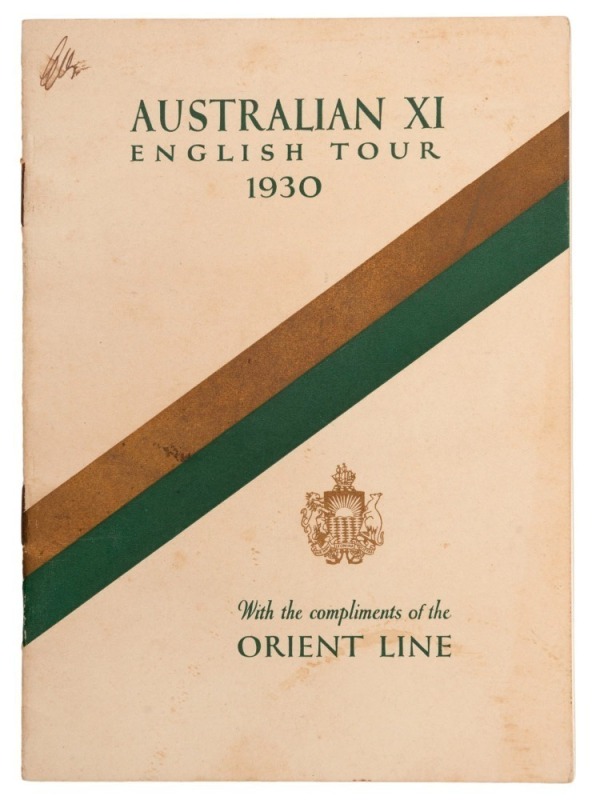 "AUSTRALIAN XI ENGLISH TOUR 1930" Orient Line souvenir programme and fixture list featuring individual photographs of the Australian team, each signed individually in pen. Provenance: The Clarrie Grimmett Collection; his family, by descent.