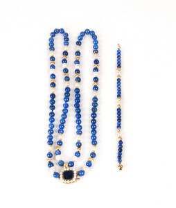 NECKLACE AND BRACELET: Lapis lazuli, cultured pearls and gold beads.