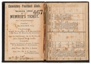 ESSENDON 1892 Member's Season Ticket, No.467 (black leather cover with red vertical sash & gilt 'ESSENDON' to front cover, and '1892' on back cover, with details of the committee and the club's fixtures for the year. Extremely rare. Essendon finished the - 2