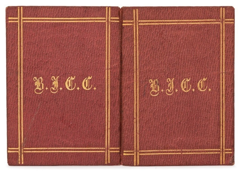 1884-85 BALMAIN JUNIORS CRICKET CLUB Membership ticket (reddish-brown card with gilt lettering); with details of the committee and a list of the club's matches; issued in the name of W. Turpin. The club played in a Melbourne suburban competition at Royal