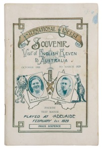ENGLAND IN AUSTRALIA, 1928-29: "International Cricket Souvenir - Visit of English Eleven to Australia - October 1928 to March 1929 : Fourth Test Match, Adelaide, February 1st 1929", 96 page programme printed by R.M. Osborne, Currie St. Adelaide.Bradman reached 58 in the second innings of this match and appeared set to guide the team to victory when he was run out. It was to be the only run out of his Test career. The losing margin was just twelve runs.