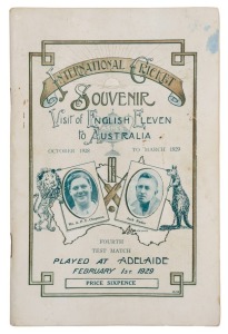 ENGLAND IN AUSTRALIA, 1928-29: "International Cricket Souvenir - Visit of English Eleven to Australia - October 1928 to March 1929 : Fourth Test Match, Adelaide, February 1st 1929", 96 page programme printed by R.M. Osborne, Currie St. Adelaide.Bradman re