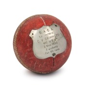 CRICKET BALL (1933), mounted with a shield-shaped plaque engraved "S.A.C.A. to C.V. GRIMMETT - VIC v S.A. 3 Nov. 1933. 7 wickets for 80 runs". Although Grimmett took 7 for 80 in the first innings, he could not repeat his feat in the 2nd, when Ponsford an