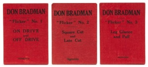 DON BRADMAN FLICKER BOOKS: No.1 "ON DRIVE and OFF DRIVE", No.2 "Square Cut and Late Cut" (signed verso by Clarrie Grimmett), and No.3 "Leg Glance and Pull", published by Flicker Productions, Earls Court Road, London, 1930. (3). Superb condition. Provenance: The Clarrie Grimmett Collection; his family, by descent.