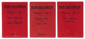 DON BRADMAN FLICKER BOOKS: No.1 "ON DRIVE and OFF DRIVE", No.2 "Square Cut and Late Cut" (signed verso by Clarrie Grimmett), and No.3 "Leg Glance and Pull", published by Flicker Productions, Earls Court Road, London, 1930. (3). Superb condition. Provenanc