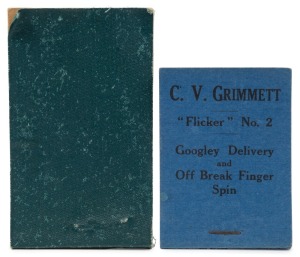 CLARRIE GRIMMETT "Flicker No.2" Googley Delivery and Off Break Finger Spin, complete booklet by Flicker Productions Ltd., 113b Earls Court Road, London; 1930. Accompanied by a mock-up "proof" of the Off Break Finger Spin images on photographic paper bound into a small booklet with green fabric covered covers; believed UNIQUE. (2 items). Provenance: The Clarrie Grimmett Collection; his family, by descent.
