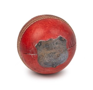 PRESENTATION "WISDEN'S SPECIAL" CRICKET BALL (1925), leather, cork and twin, mounted with a shield-shaped silver plaque, engraved "AUSTRALIAN XI v THE REST - DEC'R 1925 - Presented by HOYTS LTD TO C. GRIMMETT WINNER OF BOWLING AVERAGE." Played at the Syd