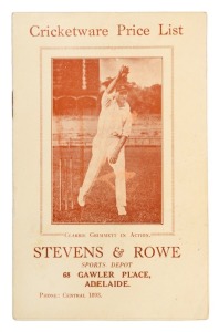 "Cricketware Price List" early 1930s, for Stevens & Rowe Sports Depot, Gawler Place, Adelaide; 8-pages featuring an action photo of Clarrie Grimmett on the front cover; 14 x 9cm. Rare. Provenance: The Clarrie Grimmett Collection; his family, by descent.