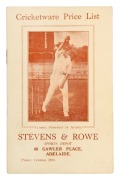 "Cricketware Price List" early 1930s, for Stevens & Rowe Sports Depot, Gawler Place, Adelaide; 8-pages featuring an action photo of Clarrie Grimmett on the front cover; 14 x 9cm. Rare. Provenance: The Clarrie Grimmett Collection; his family, by descent.