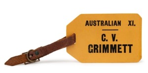 AUSTRALIA IN ENGLAND: "AUSTRALIAN XI. C.V. GRIMMETT" luggage tag with original leather strap; issued to the Australian team members for their trip to England in 1930. The only example known to us. Provenance: The Clarrie Grimmett Collection; his family, by descent.
