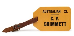 AUSTRALIA IN ENGLAND: "AUSTRALIAN XI. C.V. GRIMMETT" luggage tag with original leather strap; issued to the Australian team members for their trip to England in 1930. The only example known to us. Provenance: The Clarrie Grimmett Collection; his family, b