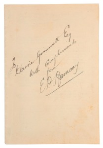"DRAFT OF SPEECH BY E.P. RAMSAY, DEPUTY DIRECTOR OF POSTS AND TELEGRAPHS FOR SOUTH AUSTRALIA, IN MAKING PRESENTATION TO MR. C. GRIMMETT AT STATION 5CL, ADELAIDE, AT 8 P.M. ON 4/11/30" comprising of seven typed pages held within a blank cover with manuscript endorsement "To Clarrie Grimmett Esq., With Compliments from E.P. Ramsay" "....Mr. Grimmett's achievements are worthy of emulation by every young aspirant for Cricketing honours in Australia....."