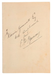 "DRAFT OF SPEECH BY E.P. RAMSAY, DEPUTY DIRECTOR OF POSTS AND TELEGRAPHS FOR SOUTH AUSTRALIA, IN MAKING PRESENTATION TO MR. C. GRIMMETT AT STATION 5CL, ADELAIDE, AT 8 P.M. ON 4/11/30" comprising of seven typed pages held within a blank cover with manuscri