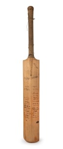 CLARRIE GRIMMETT'S 1930 ASHES TOUR BAT A Spalding "W.H. Ponsford AUSTRALIAN XI EXTRA SPECIAL" cricket bat, signed in the ownership position by Clarrie Grimmett and used by him during the Test Matches; signed in pen by the Australians Jack Ryder (1930 team selector), Bradman, Wall, Woodfull, Grimmett, Oldfield, Oxenham, Hornibrook, a'Beckett, Fairfax, Kippax and Jackson; and the Englishmen including White, Hendren, Mead, Larwood, Ames, Geary, Duckworth, Hammond, Tyldesley, Hobbs, Sutcliffe
