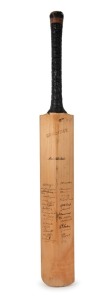 CLARRIE GRIMMETT'S 1934 ASHES TOUR BAT A Gradidge "Super Imperial Driver" cricket bat, signed in the ownership position by Clarrie Grimmett and used by him during the Test Matches; signed in pen by the Australians Woodfull, Chipperfield, Oldfield, Brown, Ponsford, Kippax, Darling, Fleetwood-Smith, Ebeling, O'Reilly, Barnett, Wall, Grimmett, McCabe & Bradman. The Englishman who signed Grimmett's bat were Walters, Hammond, Sutcliffe, Verity. Leyland, Clark, Ames, Hammond, Woolley, Bowes,, etc.