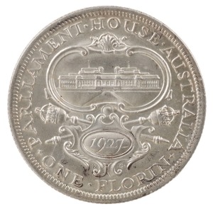 George V, 1927 Canberra. Three full steps visible in Parliament House, Uncirculated.