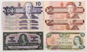 1937 Bank of Canada $10 (BC-24b), Gordon/Towers, Unc. Also, later circulated $2 (2), $10 (4) and $20 (1). (Total: 6).