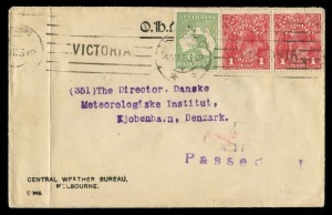 August 1915 usage of ½d Green Kangaroo + KGV 1d Red pair, all perf. OS, used on 'O.H.M.S.' envelope from Central Weather Bureau Melbourne to Copenhagen, DENMARK, tied by '9 AU 15' machine datestamp, and with arrival backstamp; straight line "Passed" censorship marking.