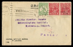 August 1915 usage of ½d Green Kangaroo + KGV 1d Red pair, all perf. OS, used on 'O.H.M.S.' envelope from Central Weather Bureau Melbourne to Copenhagen, DENMARK, tied by '9 AU 15' machine datestamp, and with arrival backstamp; straight line "Passed" censo