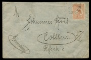 Kangaroos - First Watermark: Dec.1913 usage of 5d Chestnut on a double-rate cover from Sydney to Cottbus, GERMANY. Endorsed "Erhalten 31.1.14" on reverse. Cat.$1000.
