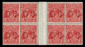 KGV Heads - Small Multiple Watermark Perf 13Ѕ x 12Ѕ: 2d Golden-Scarlet Die III, perforated OS (SG.O104a) interpanneau blk.(8) fresh MUH.