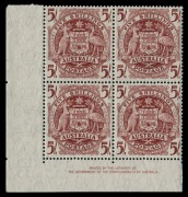 5/- Arms, THIN PAPER (SG.224aab; BW:268a) Authority Imprint blk.4 on paper measuring 0.07mm; offered together with an Authority Imprint blk.4 on normal thickness paper, which measures 0.09mm. (8); both blocks are well centred and superb MUH. BW: $3,300. - 2